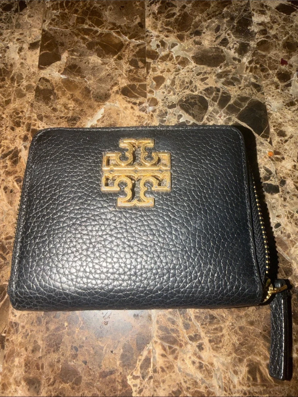 Tory Burch Black Pebbled Leather Zip Card Case with Gold Logo